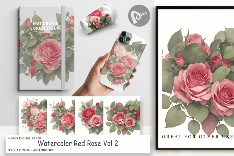 Digital Paper Watercolor Red Rose