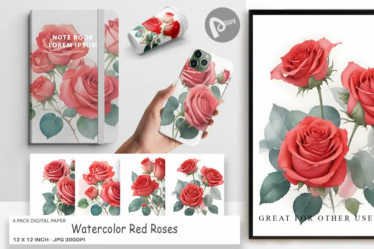 Digital Paper Watercolor Red Roses