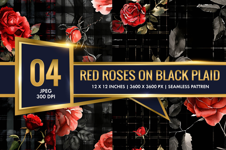 Watercolor Red Roses on Black Plaid Digital Paper