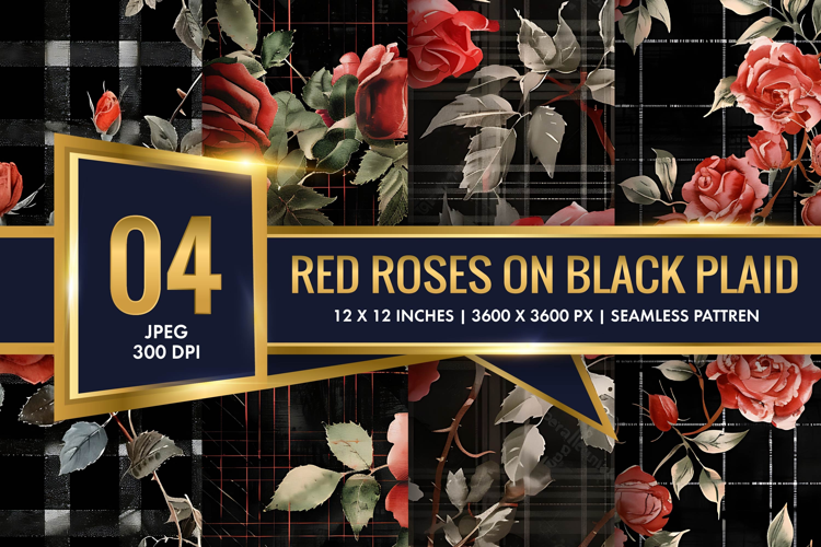 Watercolor Red Roses on Black Plaid Digital Paper