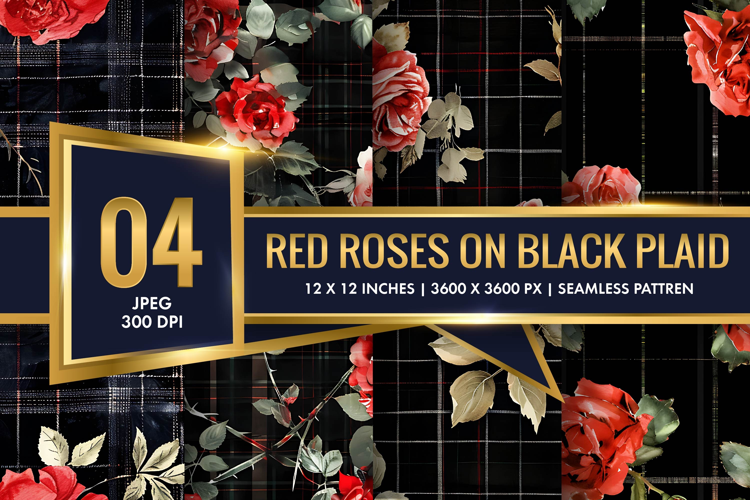 Watercolor Red Roses on Black Plaid Digital Paper