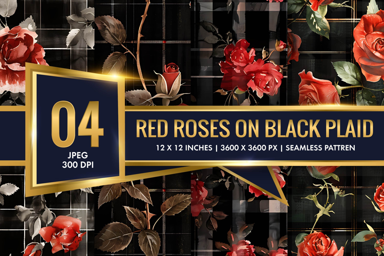 Watercolor Red Roses on Black Plaid Digital Paper