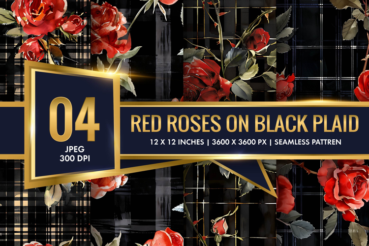 Watercolor Red Roses on Black Plaid Digital Paper
