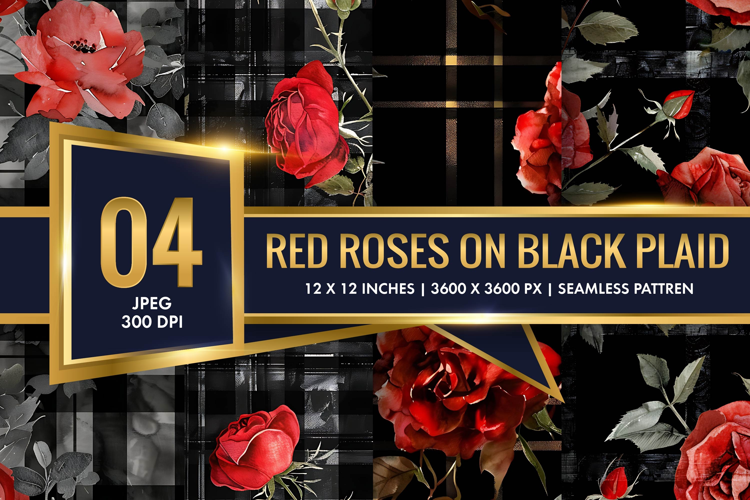 Watercolor Red Roses on Black Plaid Digital Paper