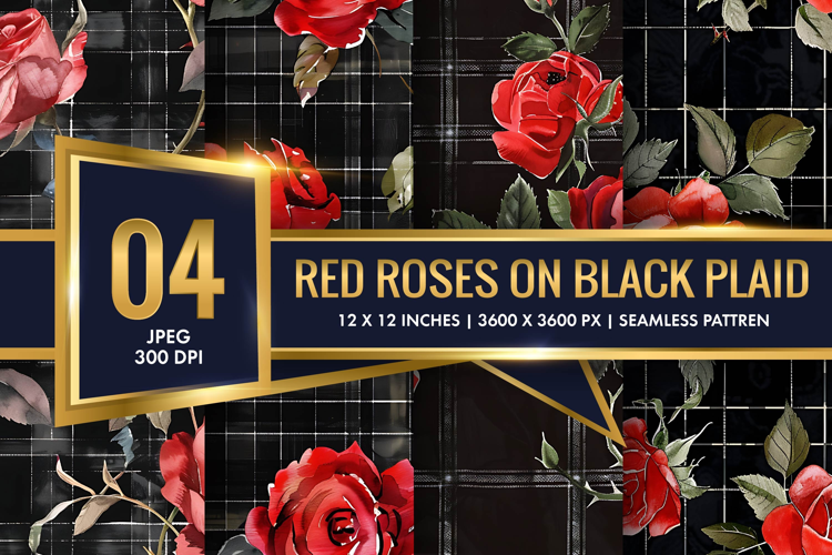 Watercolor Red Roses on Black Plaid Digital Paper