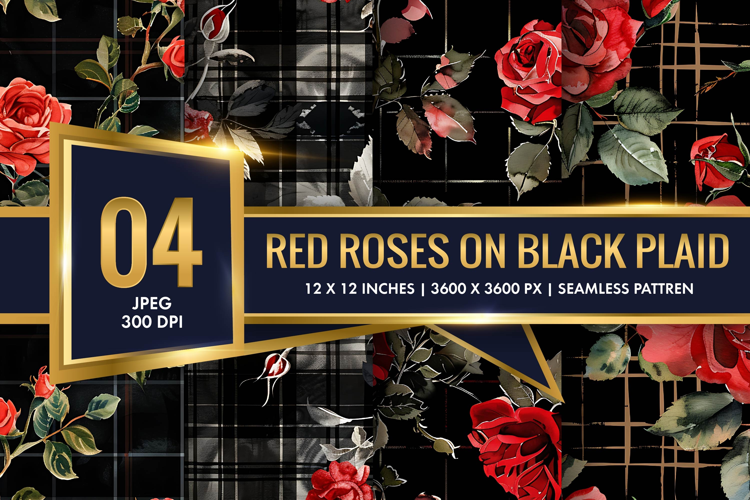 Watercolor Red Roses on Black Plaid Digital Paper