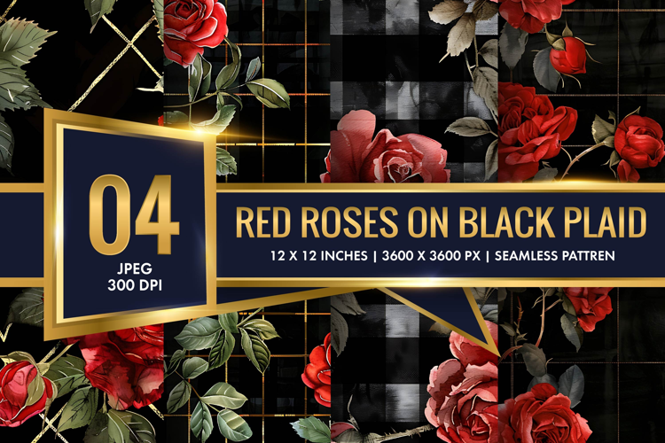 Watercolor Red Roses on Black Plaid Digital Paper