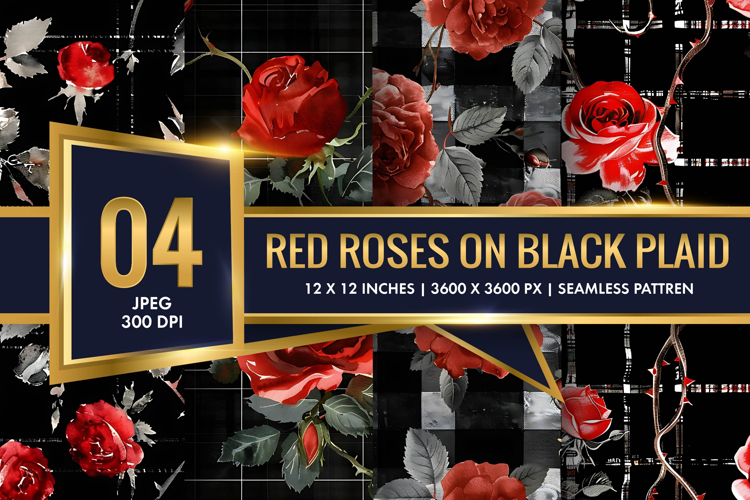 Watercolor Red Roses on Black Plaid Digital Paper