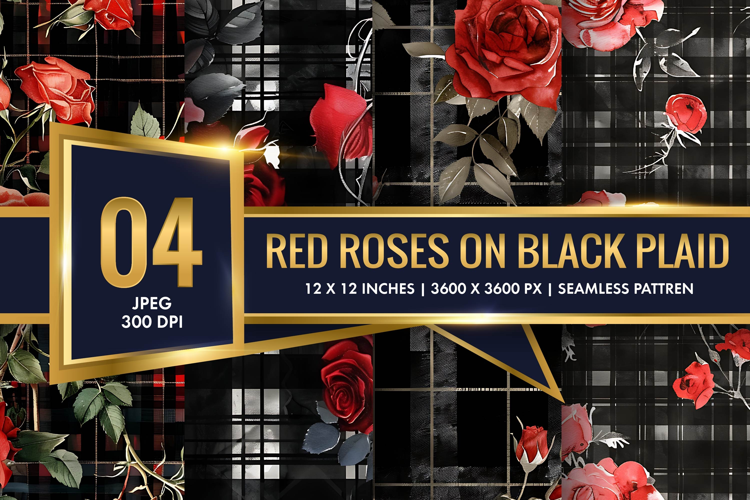 Watercolor Red Roses on Black Plaid Digital Paper