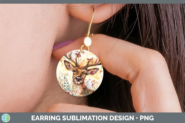 Watercolor Reindeer Round Earrings Sublimation Earrings Desi