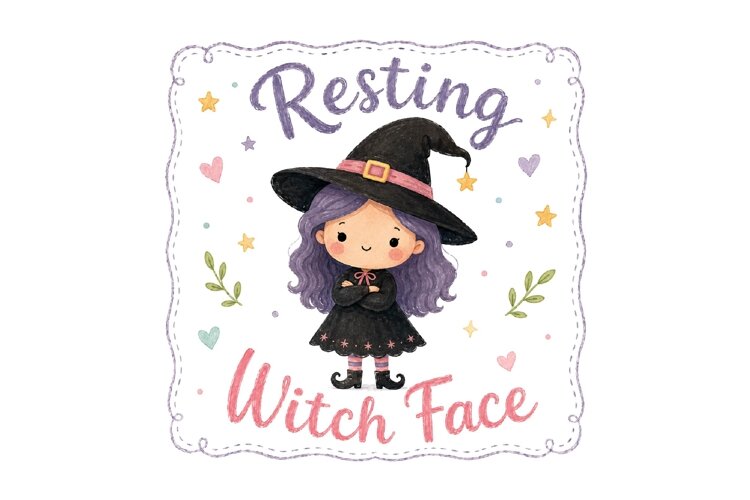 Watercolor Resting Witch Face Art PNG example image 1