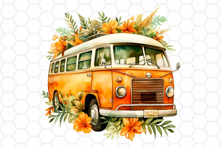Watercolor Retro Bus Clipart, Sublimation PNG