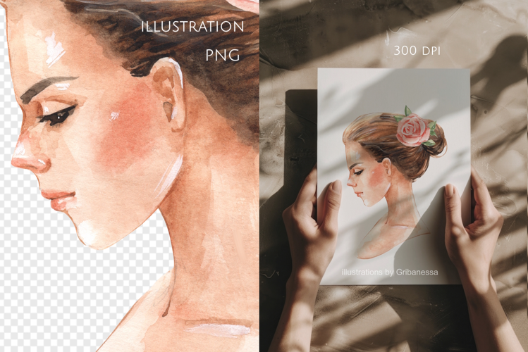 Watercolor Romantic Woman Portrait PNG Illustration