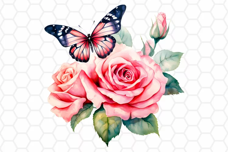 Watercolor Rose and Butterfly Clipart, Sublimation PNG