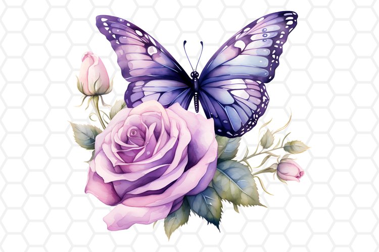 Watercolor Rose and Butterfly Clipart, Sublimation PNG