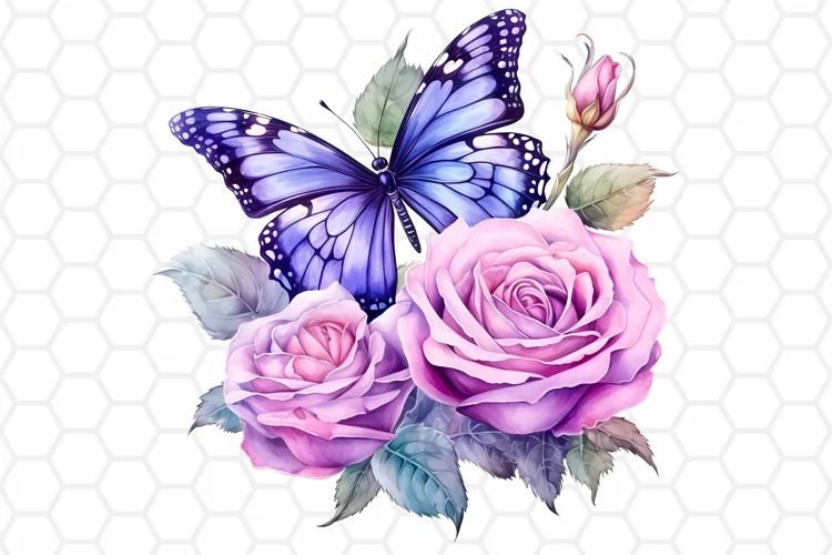 Watercolor Rose and Butterfly Clipart, Sublimation PNG