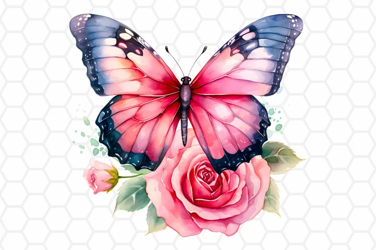 Watercolor Rose and Butterfly Clipart, Sublimation PNG