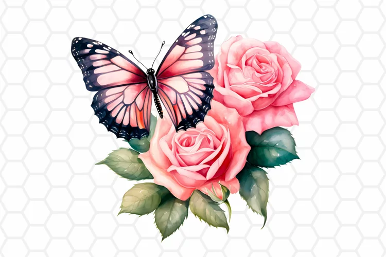 Watercolor Rose and Butterfly Clipart, Sublimation PNG