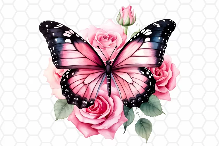 Watercolor Rose and Butterfly Clipart, Sublimation PNG