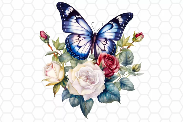 Watercolor Rose and Butterfly Clipart, Sublimation PNG