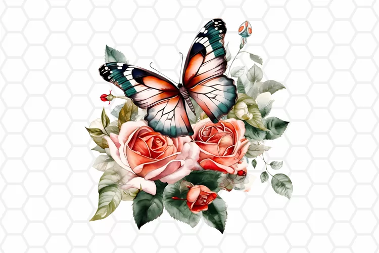 Watercolor Rose and Butterfly Clipart, Sublimation PNG