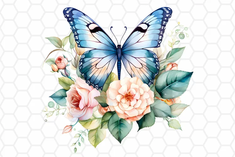 Watercolor Rose and Butterfly Clipart, Sublimation PNG