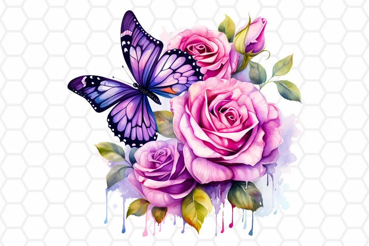 Watercolor Rose and Butterfly Clipart, Sublimation PNG
