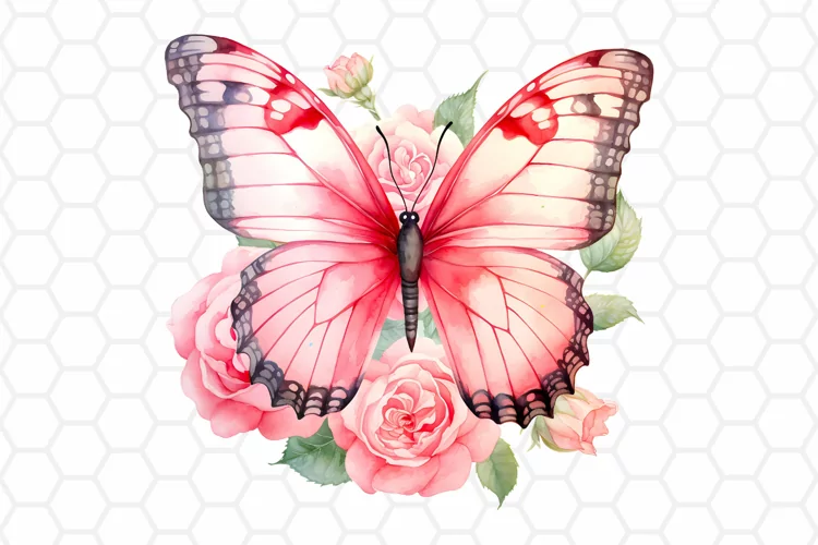 Watercolor Rose and Butterfly Clipart, Sublimation PNG