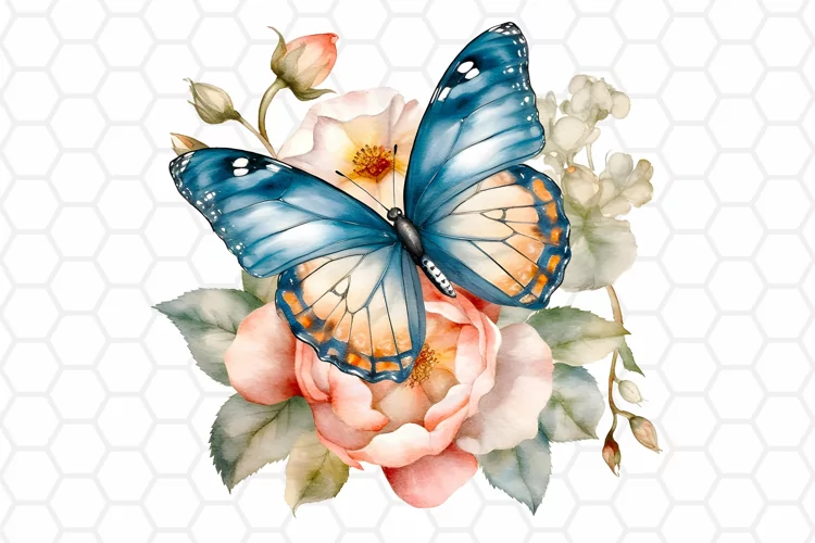 Watercolor Rose and Butterfly Clipart, Sublimation PNG