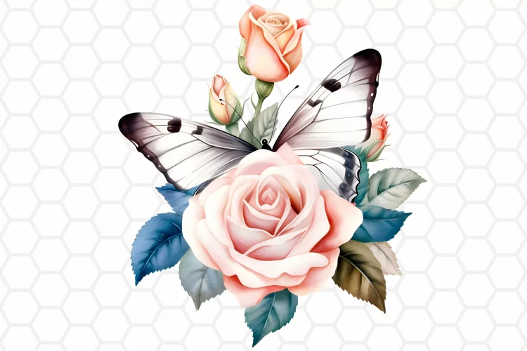 Watercolor Rose and Butterfly Clipart, Sublimation PNG