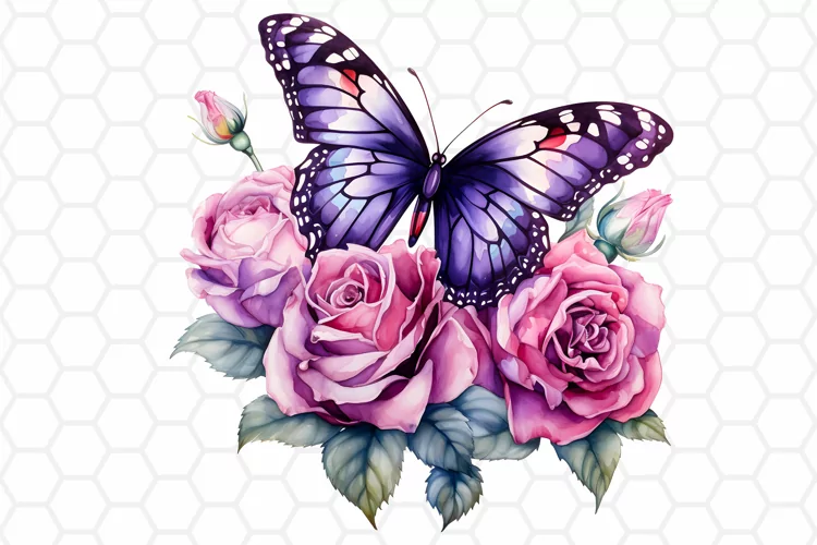 Watercolor Rose and Butterfly Clipart, Sublimation PNG
