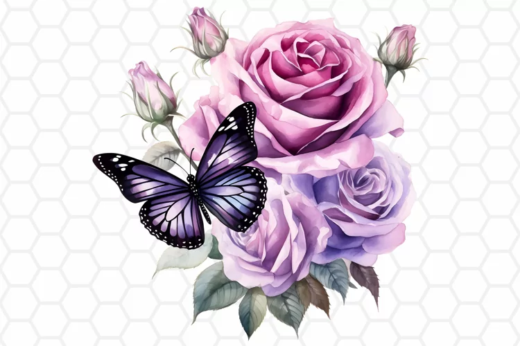Watercolor Rose and Butterfly Clipart, Sublimation PNG