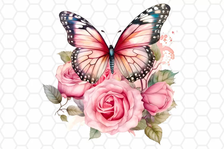 Watercolor Rose and Butterfly Clipart, Sublimation PNG