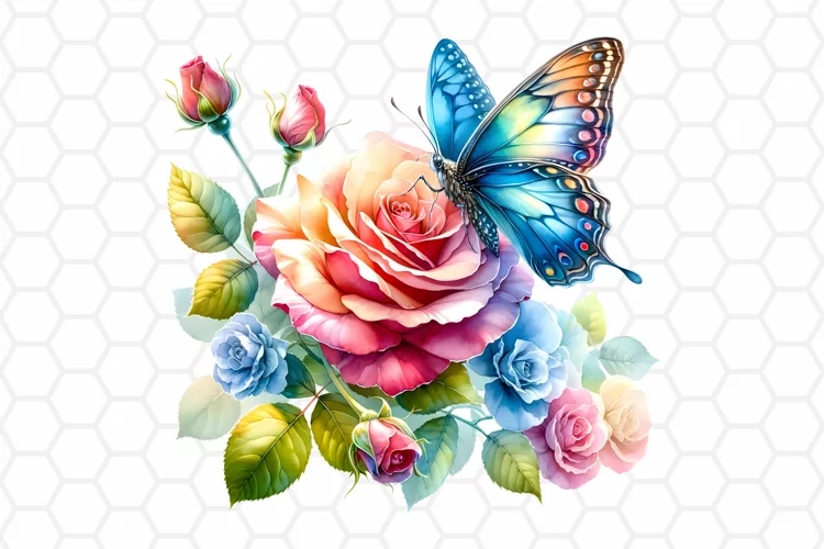 Watercolor Rose and Butterfly Clipart, Sublimation PNG