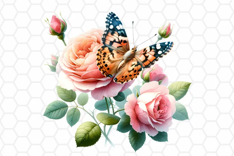 Watercolor Rose and Butterfly Clipart, Sublimation PNG