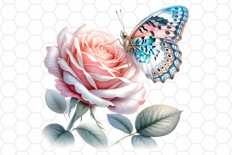Watercolor Rose and Butterfly Clipart, Sublimation PNG