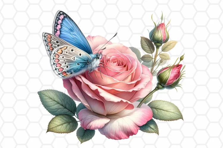 Watercolor Rose and Butterfly Clipart, Sublimation PNG