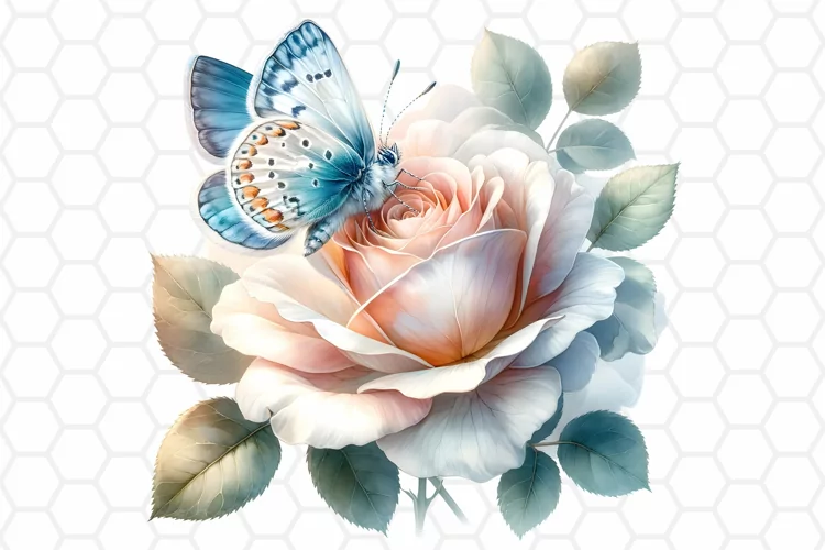 Watercolor Rose and Butterfly Clipart, Sublimation PNG