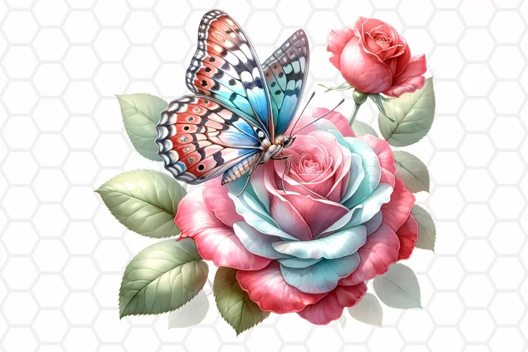Watercolor Rose and Butterfly Clipart, Sublimation PNG