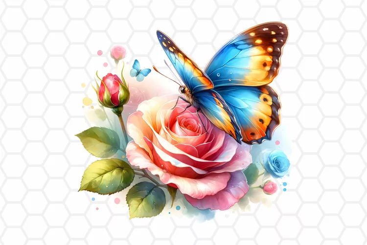Watercolor Rose and Butterfly Clipart, Sublimation PNG