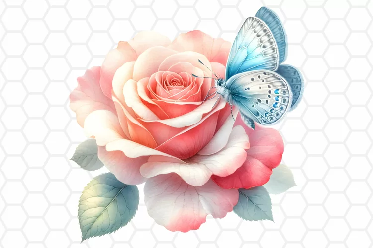 Watercolor Rose and Butterfly Clipart, Sublimation PNG