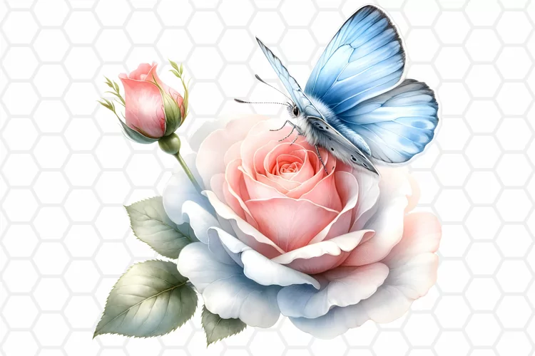 Watercolor Rose and Butterfly Clipart, Sublimation PNG