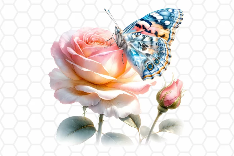 Watercolor Rose and Butterfly Clipart, Sublimation PNG