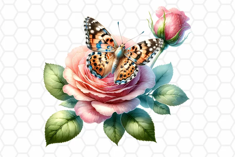 Watercolor Rose and Butterfly Clipart, Sublimation PNG
