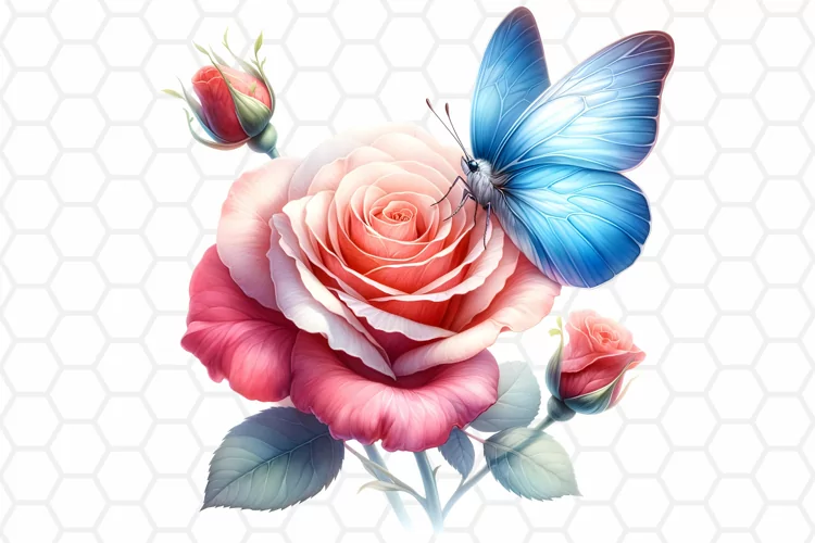 Watercolor Rose and Butterfly Clipart, Sublimation PNG