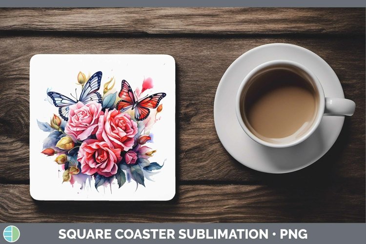 Watercolor Rose Square Coaster | Sublimation Coaster Designs