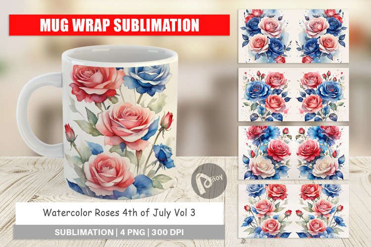 Mug Wrap Design Watercolor Roses Patriotic