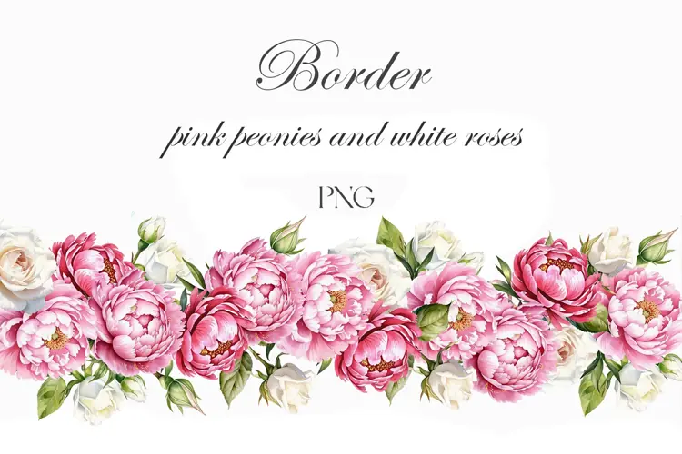 Watercolor white roses and peonies border. Garden flowers