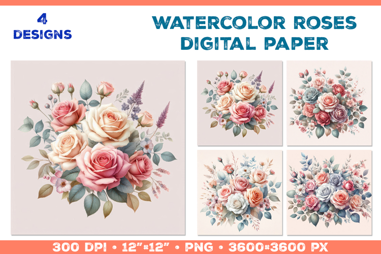 Watercolor Roses Digital Paper Elegant Floral Design