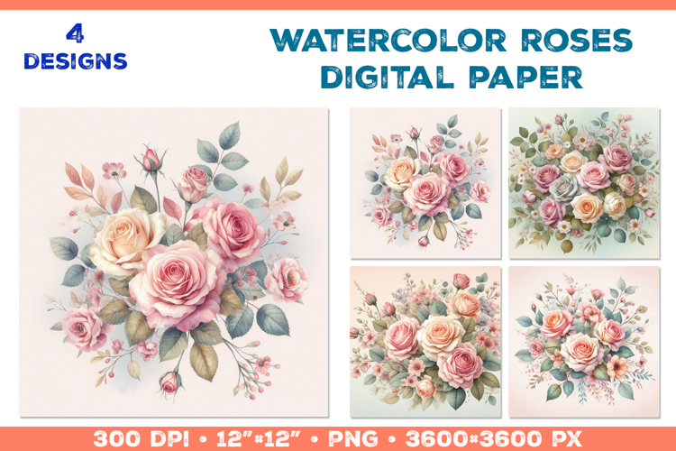Watercolor Roses Digital Paper Elegant Floral Design